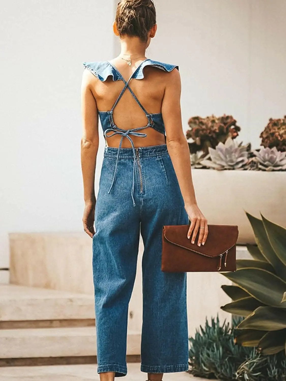 Chic open back denim jumpsuit - Love Salve